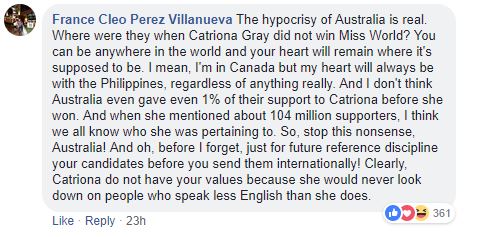 Comment on PGAG post of Catriona Gray