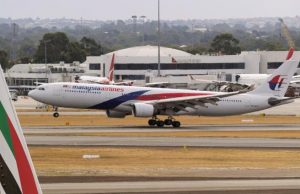 A Malaysia Airlines Airbus A330 commercial flight lands at Perth International Airport