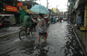 Wading in flood water