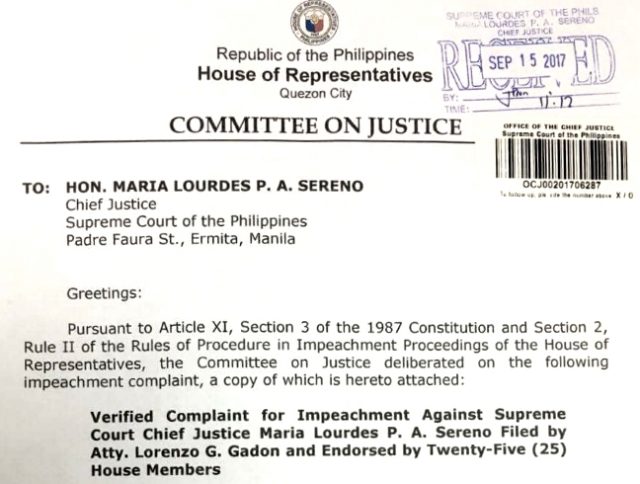 House justice committee letter to Sereno