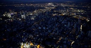An aerial view shows central Sapporo city during blackout after an earthquake hit the area in Sapporo
