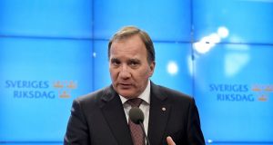 Swedish Prime Minister and Social Democratic party leader Stefan Lofven speaks a news conference after he was asked by the Speaker of the parliament to form a government in Stockholm