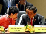 Hong Kong Chief Executive Carrie Lam talks to Indonesian President Joko Widodo at the APEC Summit, in Port Moresby