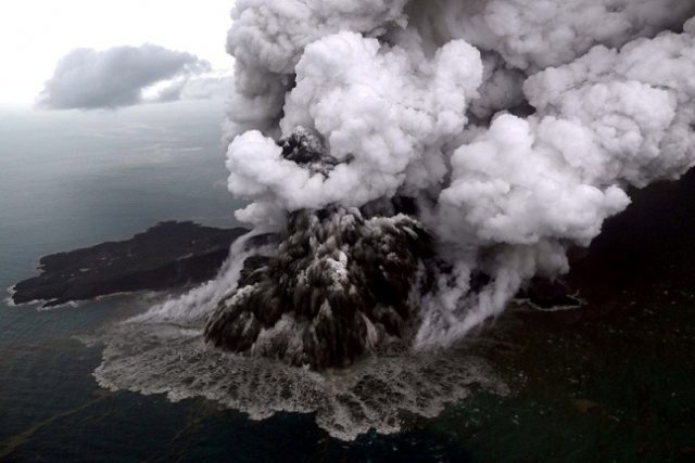 An aerial view of Anak Krakatau volcano during an eruption at Sunda strait in South Lampung