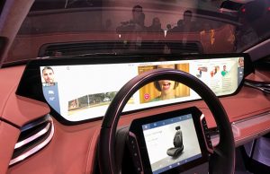 The interior of Byton's M-Byte electric vehicle, featuring a massive screen, is shown after the vehicle's unveiling during the 2019 CES in Las Vegas