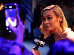 Captain Marvel cast member Brie Larson speaks to the media at a fan event in Singapore