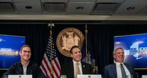 Vice President of Global Real Estate and Facilities from Amazon Schoettler, New York Governor Cuomo and New York Mayor Blasio speak during a news conference about Amazon's headquarters expansion to Long Island City in the Queens bo
