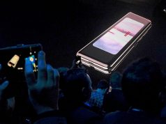 The Samsung Galaxy Fold phone is shown on a screen at Samsung Electronics Co Ltd’s Unpacked event in San Francisco