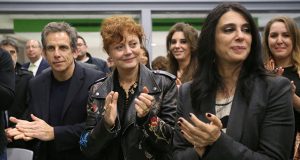 U.S. actor Ben Stiller, actress and social activist Susan Sarandon and Lebanese actress and director Nadine Labaki clap after the screening of the documentary in Beirut