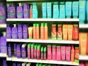 Shampoo bottles in a rack