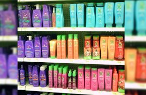 Shampoo bottles in a rack