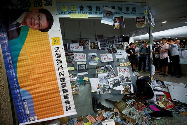 The office of pro-China lawmaker Junius Ho is seen destroyed by anti-extradition supporters in Hong Kong