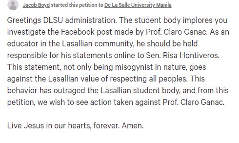 Screengrab of DLSU online petition