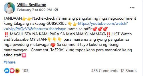 Willie Revillame group post