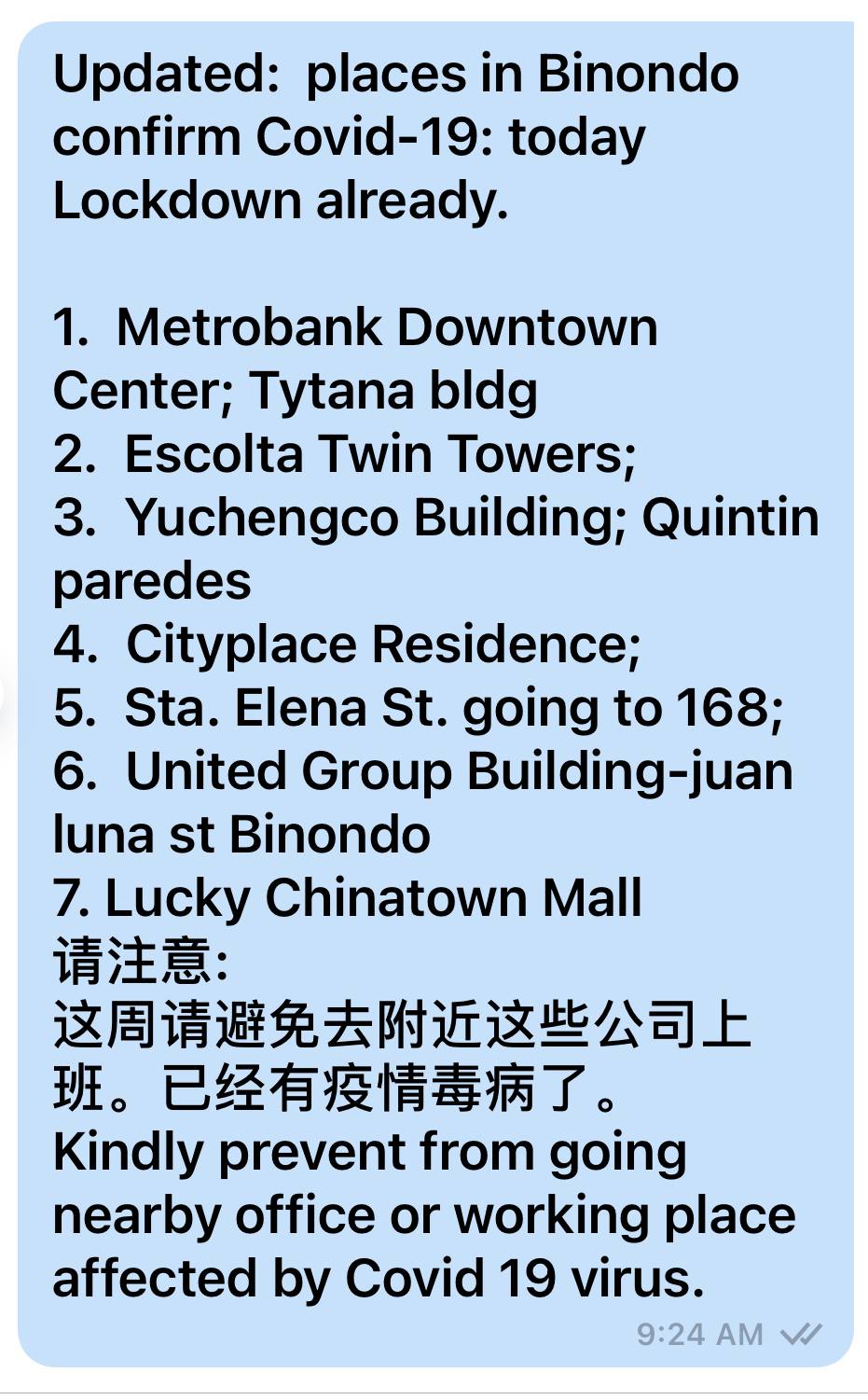 Fake message about Binondo lockdown 