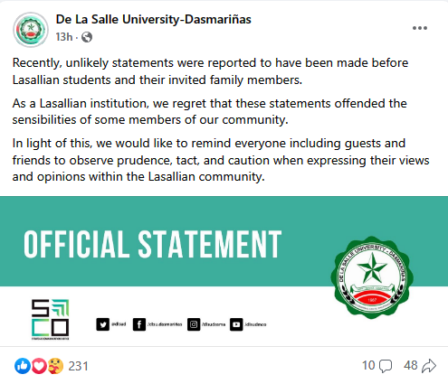 DLSU-D statement_Facebook