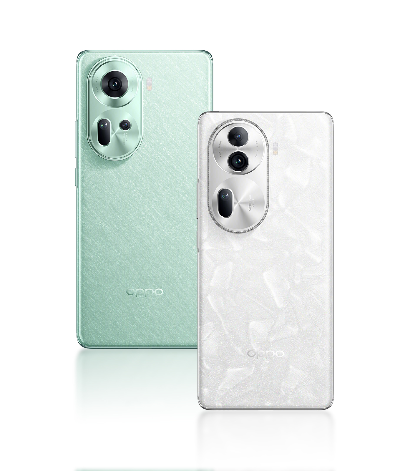OPPO Reno11 5G in Wave Green and OPPO Reno11 Pro 5G in Pearl White