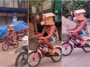 Cyclist in Davao del Sur rides with bird box on his head as helmet