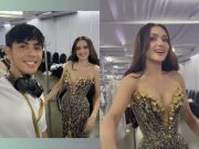Miss Universe 2025 designer Benj Leguiab IV, behind Palestine’s gown, helps Ahtisa Manalo backstage